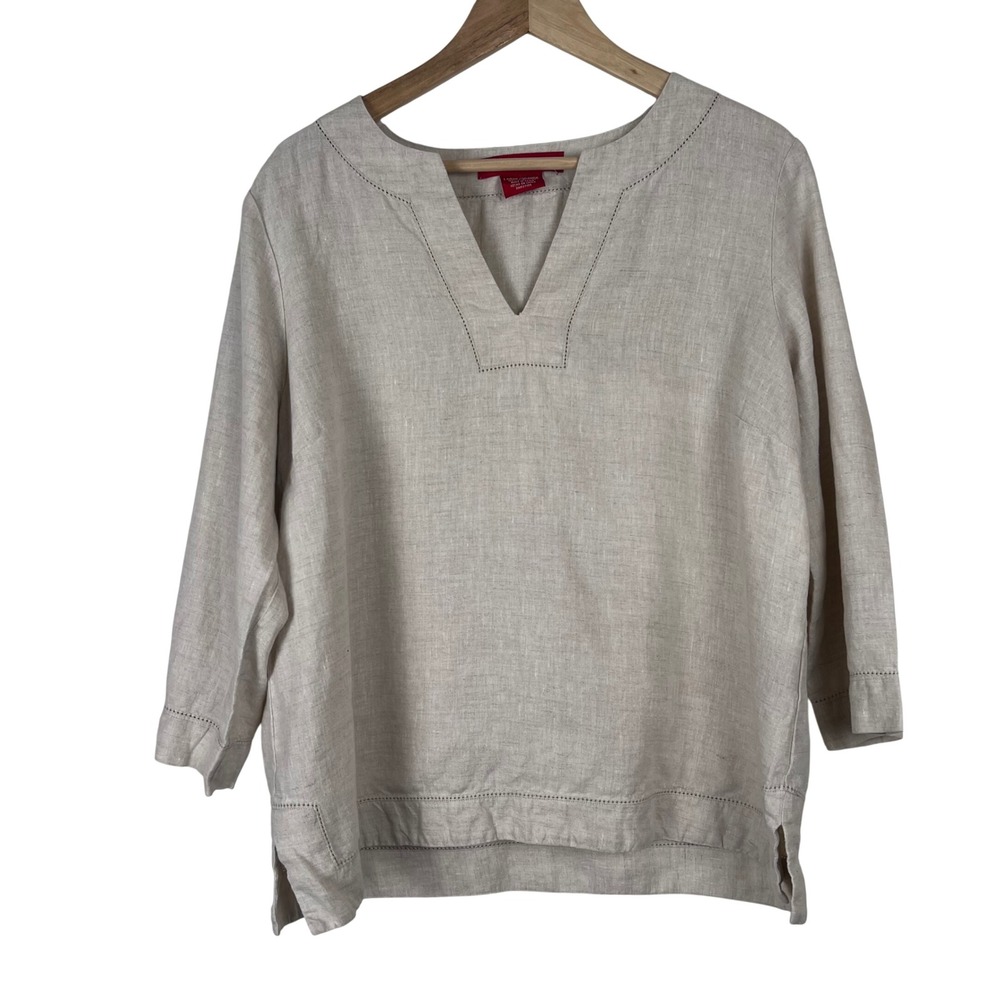 Gloria Vanderbilt Womens Large Tan 100% Linen Hemstitch V-Neck 3/4 Sleeve Tunic